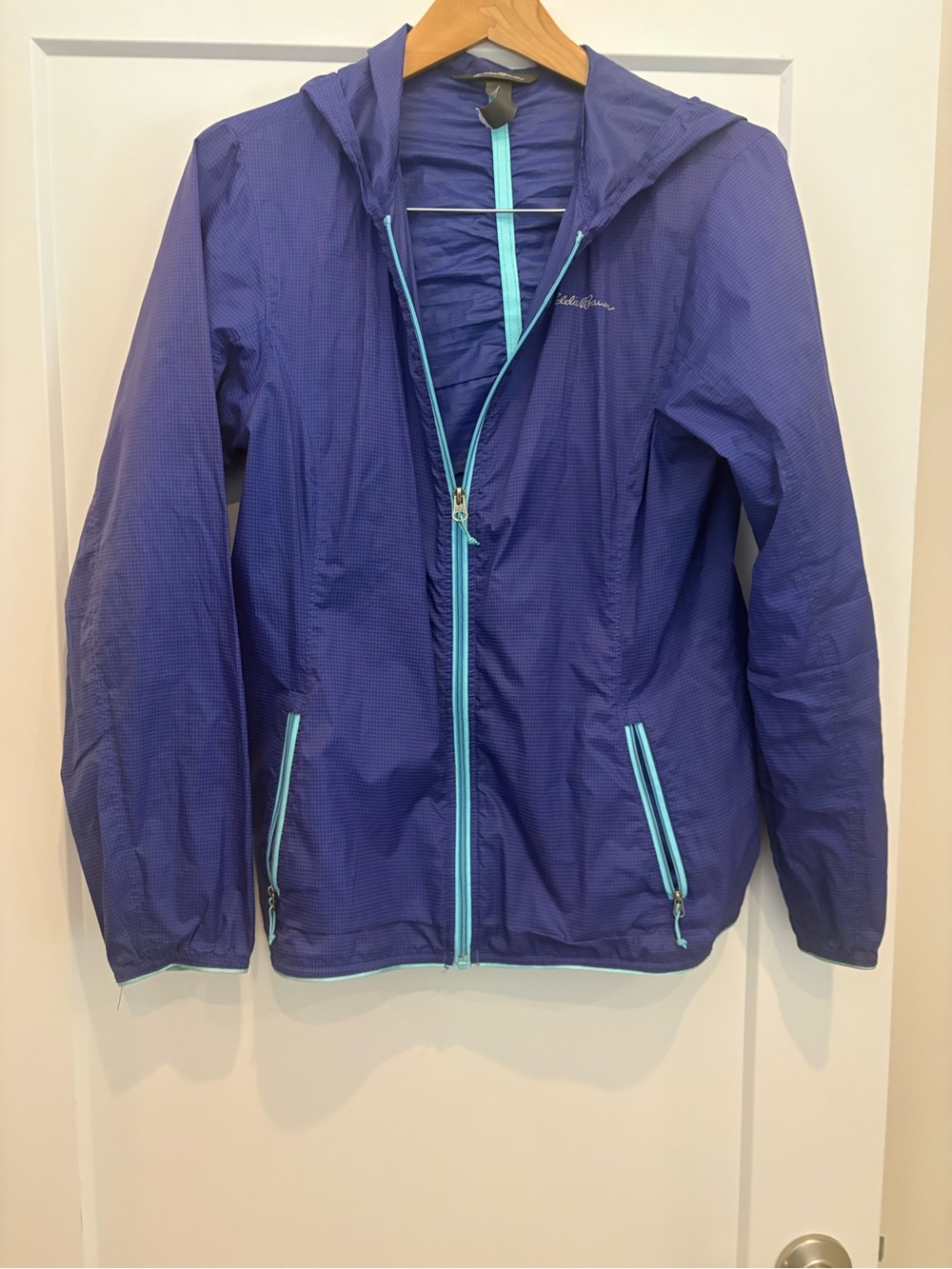 Eddie Bauer Purple Hooded Rain Jacket with Aqua Trim